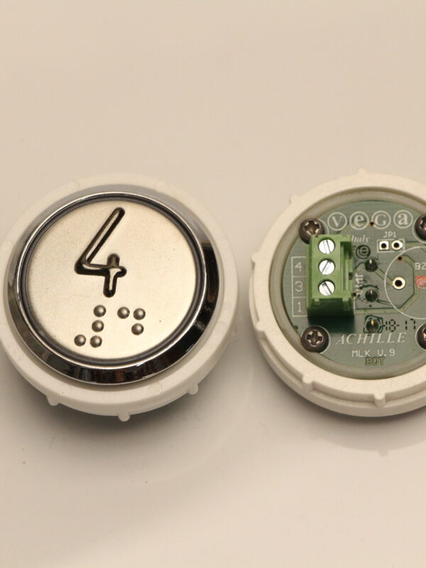 Кнопка "4" ACHILLE с кодом Брайля, выдав. со стал. ободком, VEGA Кнопка "4" ACHILLE с кодом Брайля, выдав. со стал. ободком, VEGA