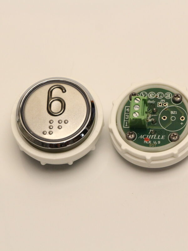 Кнопка "6" ACHILLE с кодом Брайля, выдав. со стал. ободком, VEGA Кнопка "6" ACHILLE с кодом Брайля, выдав. со стал. ободком, VEGA